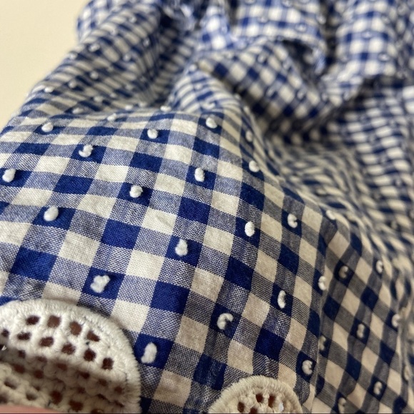 J Crew Blue White Gingham Plaid Ruffle Eyelet Tie Shoulder Top Blouse Size 12 - Picture 9 of 10
